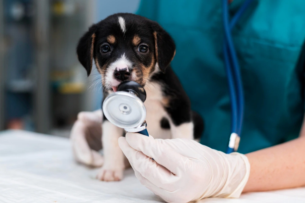 Filhote sendo auscultado por veterinária do Hospital Veterinário Atienza durante consulta agendada na Mooca